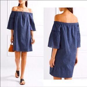 Madewell Off Shoulder Mini Blue Pinstripe Bell Sleeve 100% Cotton Dress Sz 4